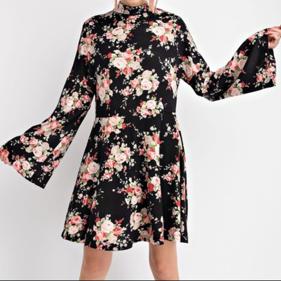 easel Dresses & Skirts - Easel Black Floral Print Mock Neck Soft Warm Dress